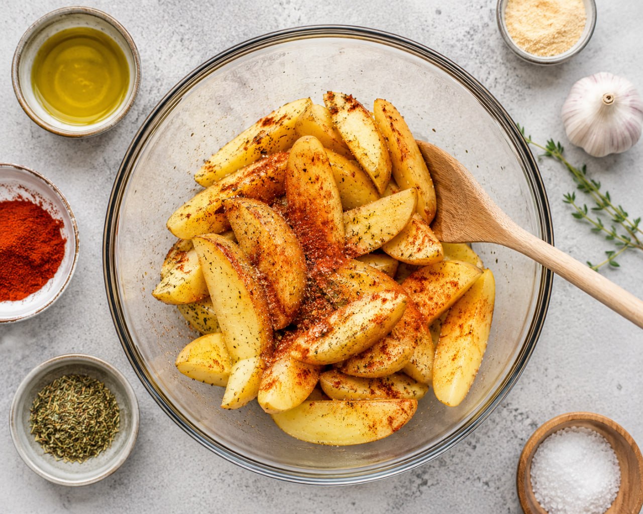 Lohkoperunoiden ainekset aseteltuna marmoripöydälle: kiinteitä perunoita, öljyä, merisuolaa, paprikajauhetta, valkosipulia ja timjamia – airfryer-reseptin raaka-aineet