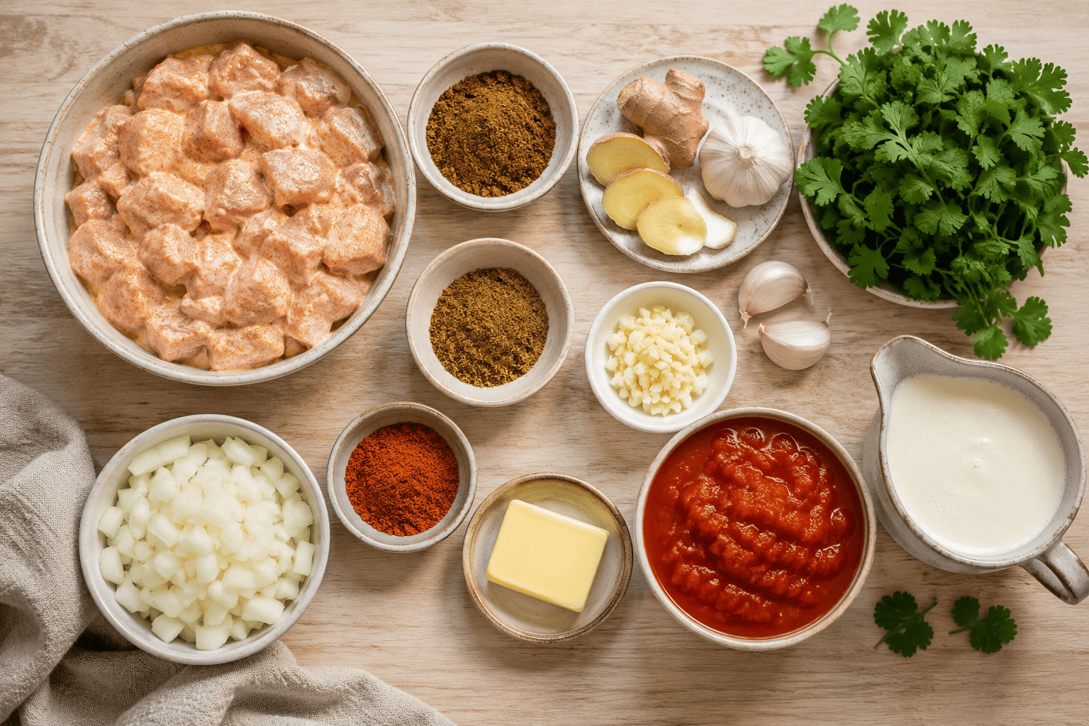 Butter chicken resepti: Näin teet samettisen voikanan kotona Ainekset ja mausteet joita aito butter chicken resepti vaatii