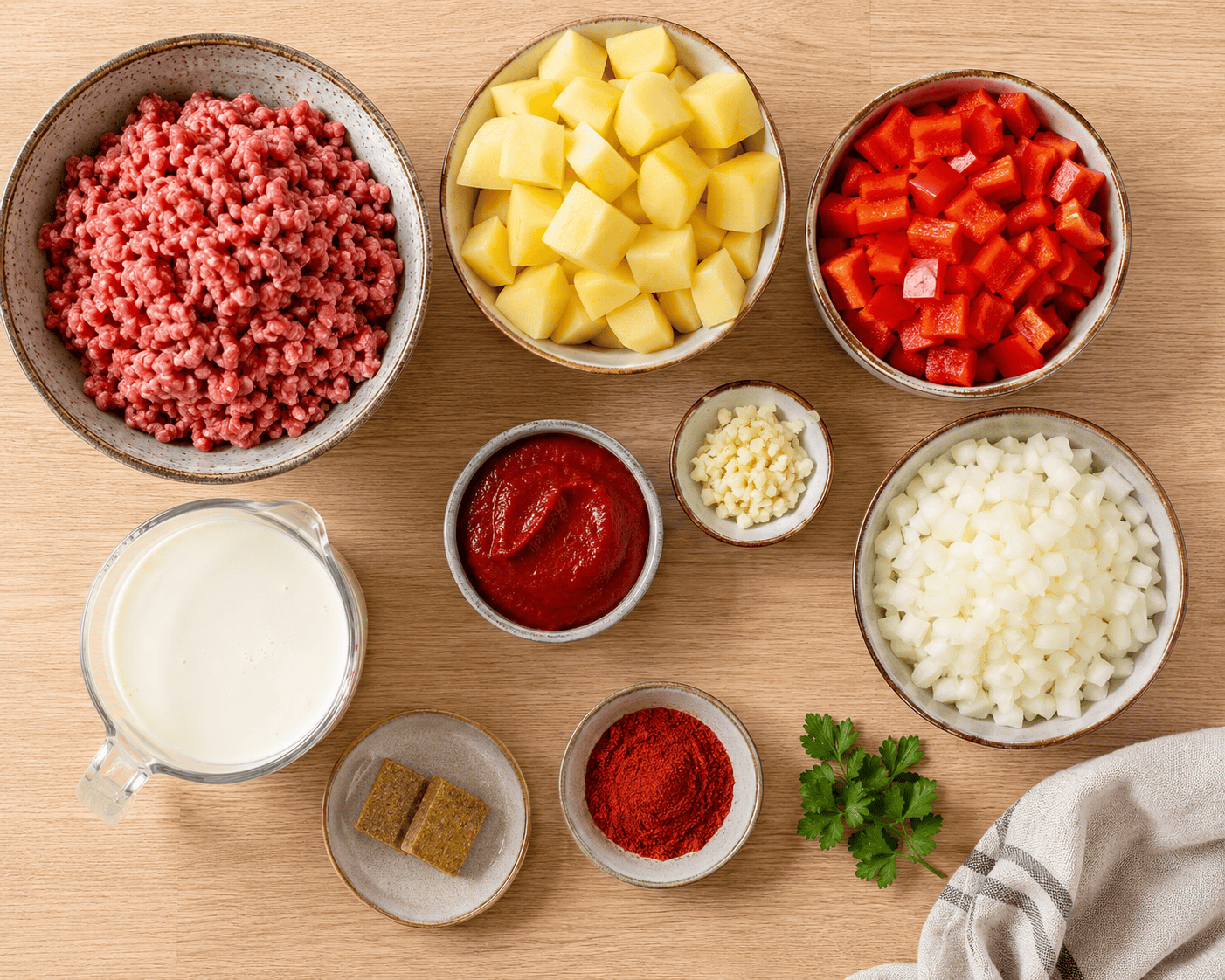 Cowboy keitto – Paras resepti ja vinkit täydelliseen arkeen Cowboy-keiton ainekset kuten perunat, paprika, jauheliha ja mausteet valmiina kokkaukseen