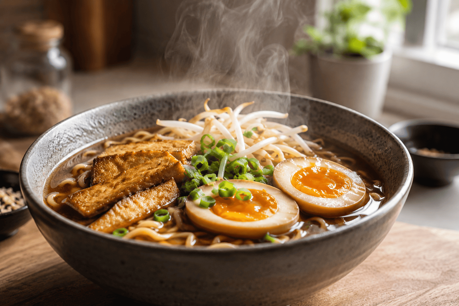Ramen keitto kotona: Aito ja täyteläinen resepti Höyryävä japanilainen ramen keitto täyteläisellä liemellä ja marinoidulla kananmunalla
