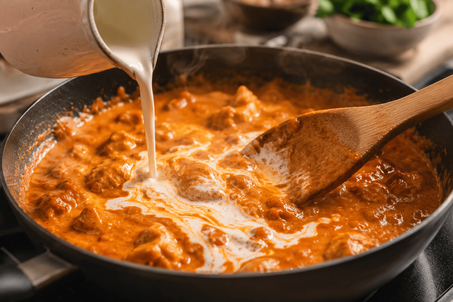 Butter chicken resepti: Näin teet samettisen voikanan kotona Kermainen kastike valmistumassa mehevää voikanaa varten