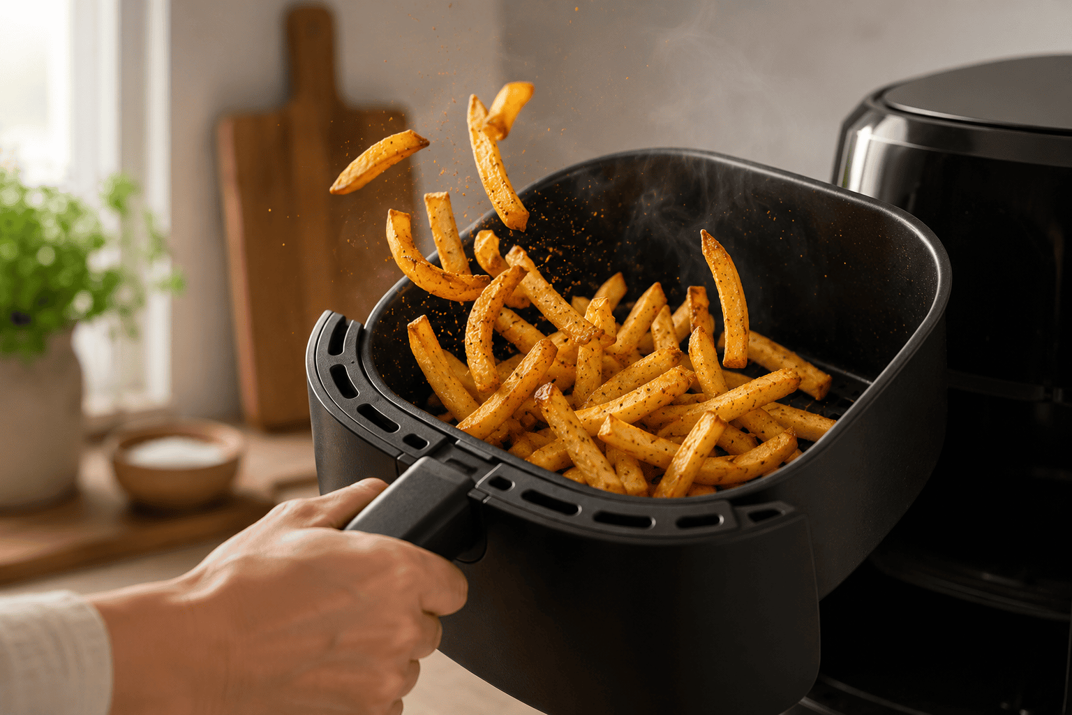 Ranskalaiset airfryerilla: Rapein resepti ja parhaat vinkit Käsi ravistamassa airfryer-koria, jossa ranskalaiset alkavat saada kullanruskeaa väriä