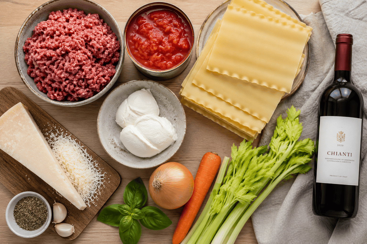 Mehevä lasagne resepti – Näillä vinkeillä onnistut aina Lasagnen raaka-aineet: jauheliha, tomaattimurska, lasagnelevyt, parmesaani ja mozzarella aseteltuna keittiön tasolle