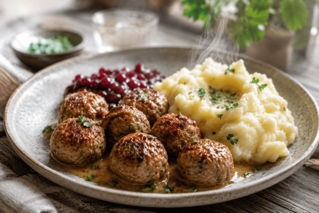 Lihapullat tarjoiltuna perunamuusin ja puolukkahillon kanssa