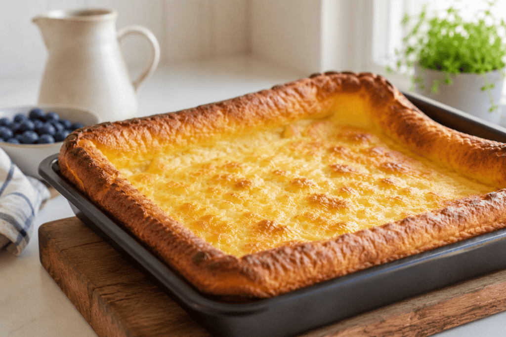 Mehevä ja kuohkea pannukakku resepti uunipellillä valmistettuna