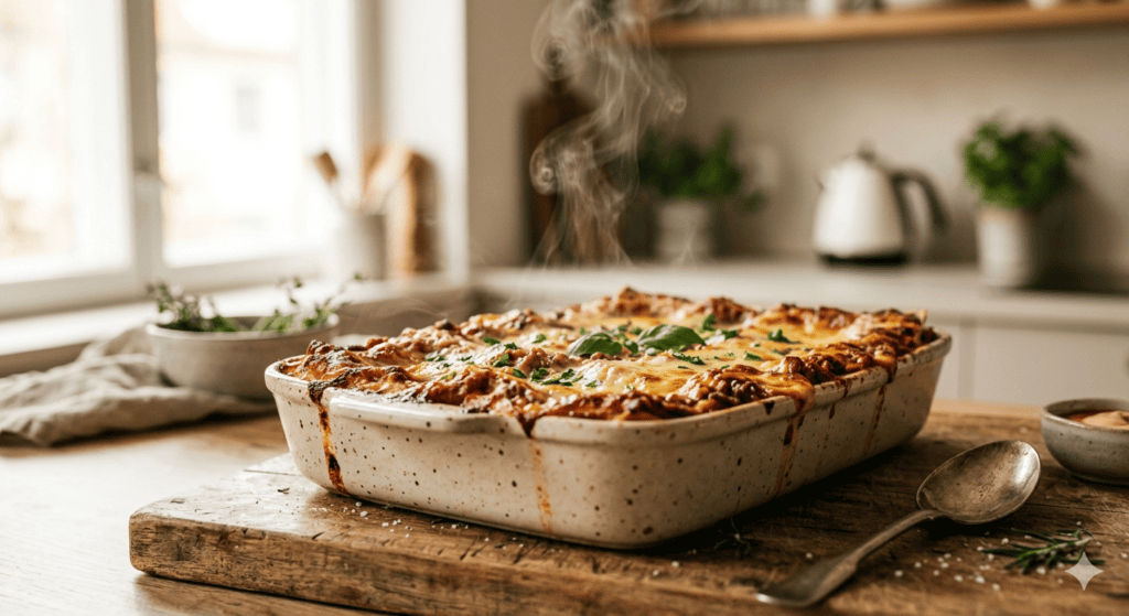 Mehevä ja perinteinen lasagne resepti uunivuoassa, päällä kultaiseksi paistunutta juustoa 2