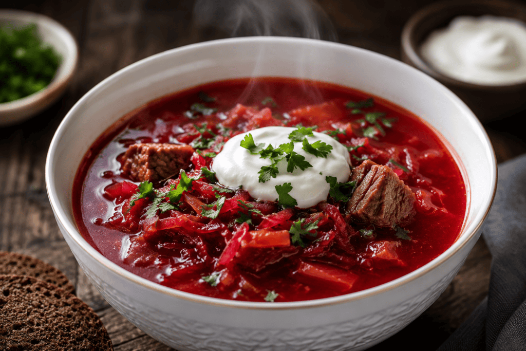 Perinteinen borsch keitto smetanalla ja persiljalla tarjoiltuna tummalla puupöydällä.