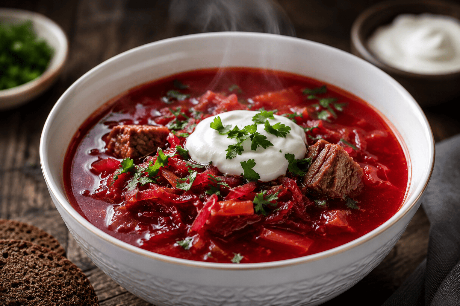Paras borsch keitto – Perinteinen ja täyteläinen resepti Perinteinen borsch keitto smetanalla ja persiljalla tarjoiltuna tummalla puupöydällä