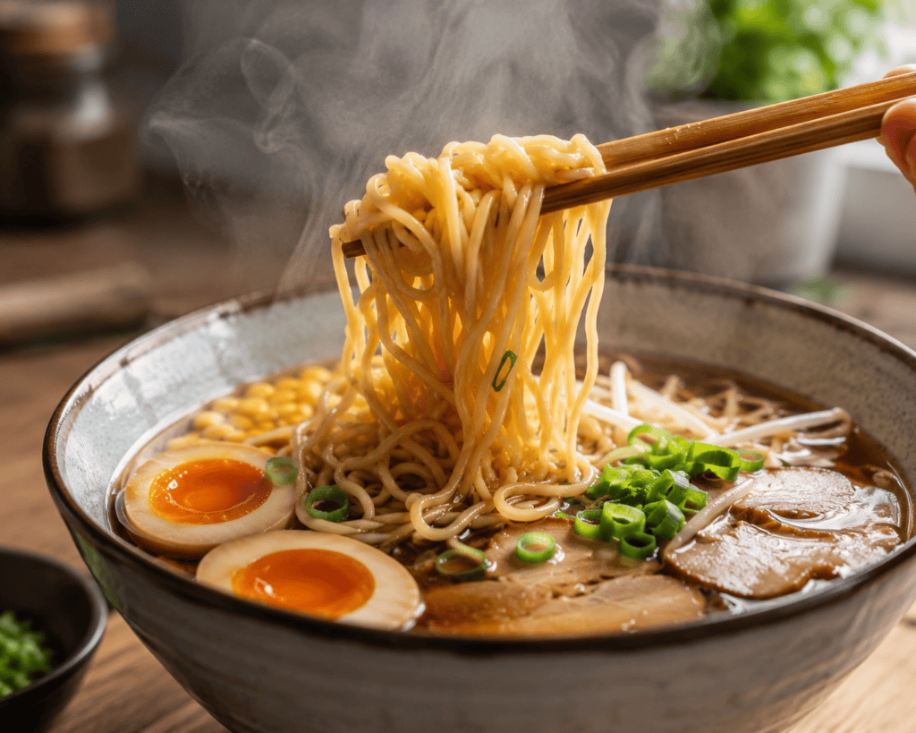 Ramen keiton täytteet kuten nori-levä, tofu, kevätsipuli ja marinoidut munat.