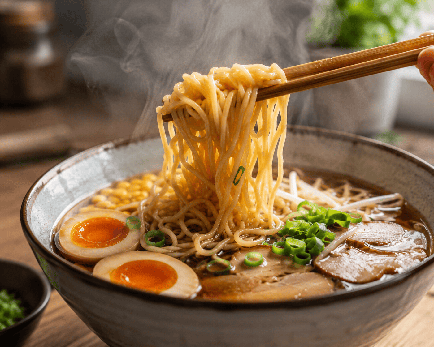 Ramen keitto kotona: Aito ja täyteläinen resepti Ramen nuudelit nousevat täyteläisestä soijaliemestä puikoilla nostettuna