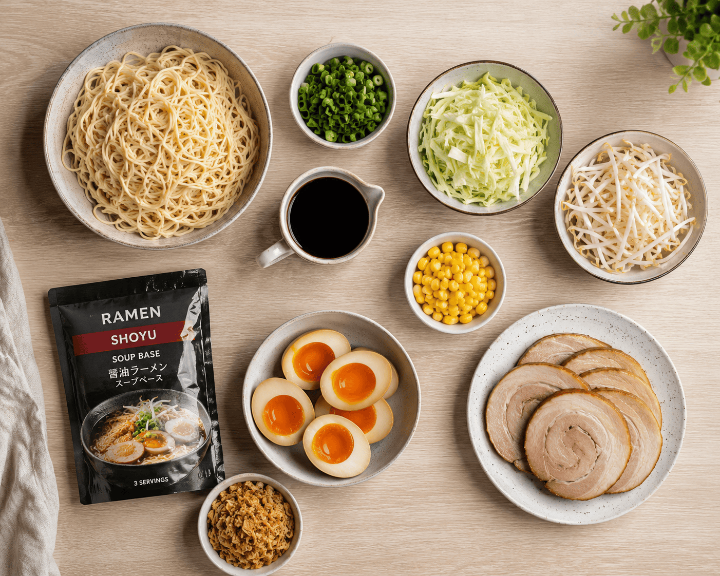 Ramen keitto kotona: Aito ja täyteläinen resepti Ramen keiton raaka-aineet aseteltuna: nuudelit, liemipohja, kananmuna, kaali ja pavunidut