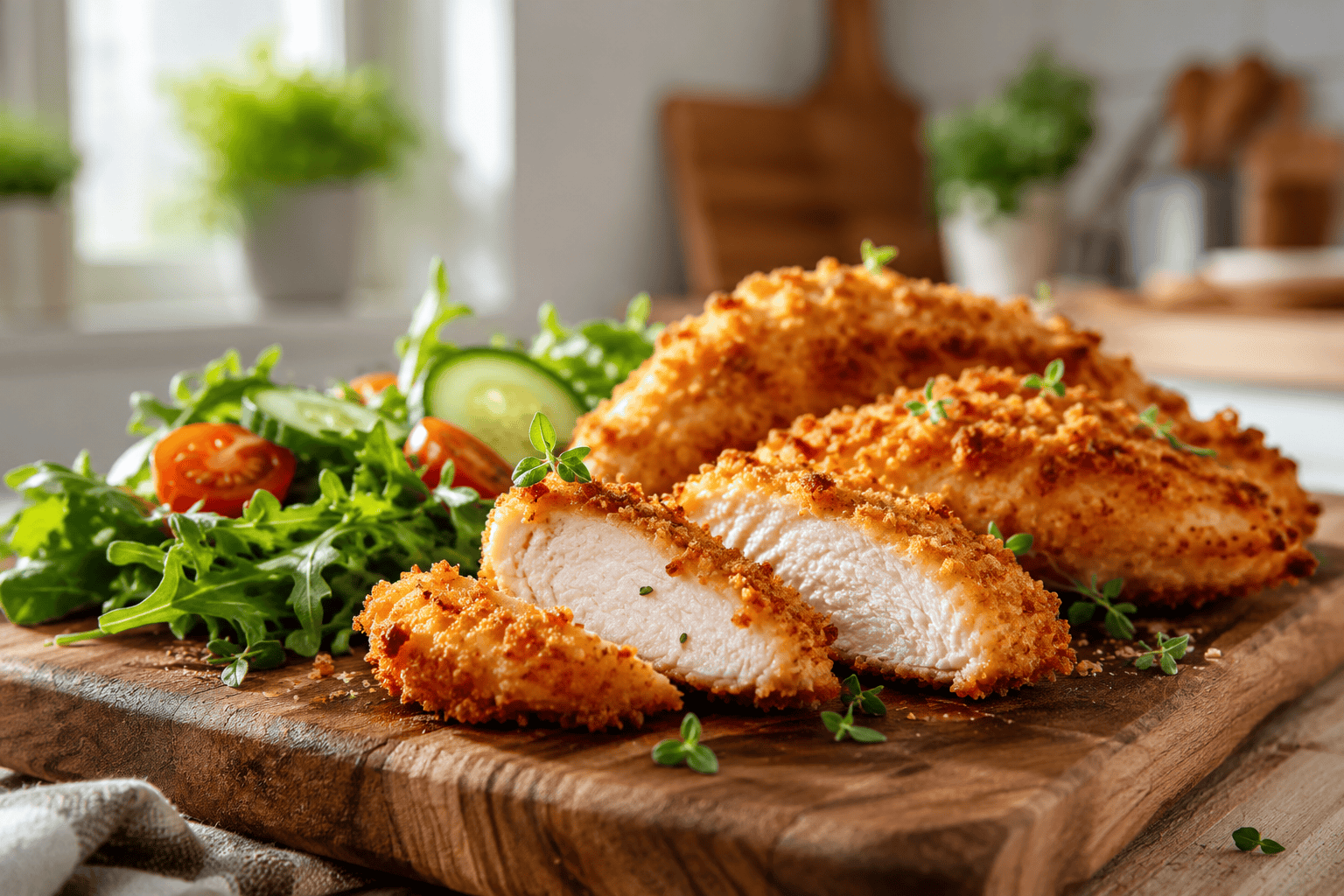 Kanafile airfryer: Näin loihdit mehevää kanaa 15 minuutissa Rapea ja mehevä panko-kuorrutettu kanafile airfryerilla valmistettuna, tarjoiltuna raikkaan salaatin kera