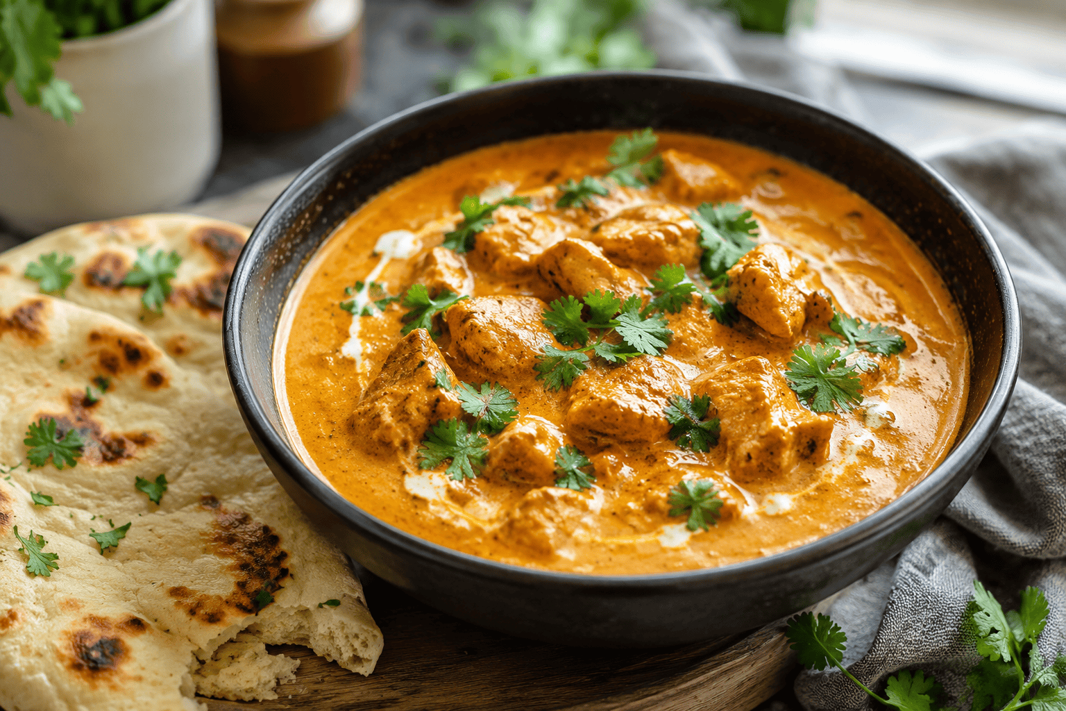 Butter chicken resepti: Näin teet samettisen voikanan kotona Samettinen butter chicken resepti tarjolla naan-leivän kanssa