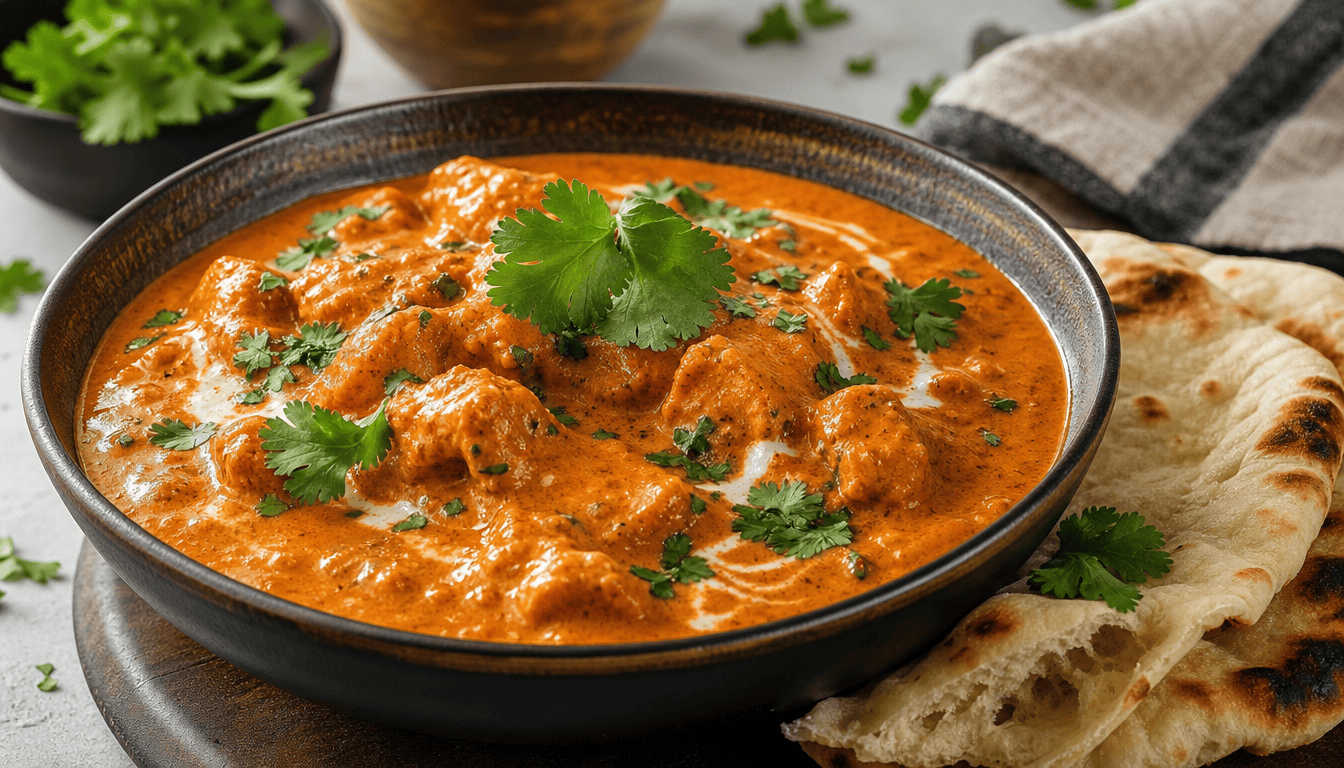 Butter chicken resepti: Näin teet samettisen voikanan kotona Samettinen butter chicken resepti ja naan-leipää lautasella