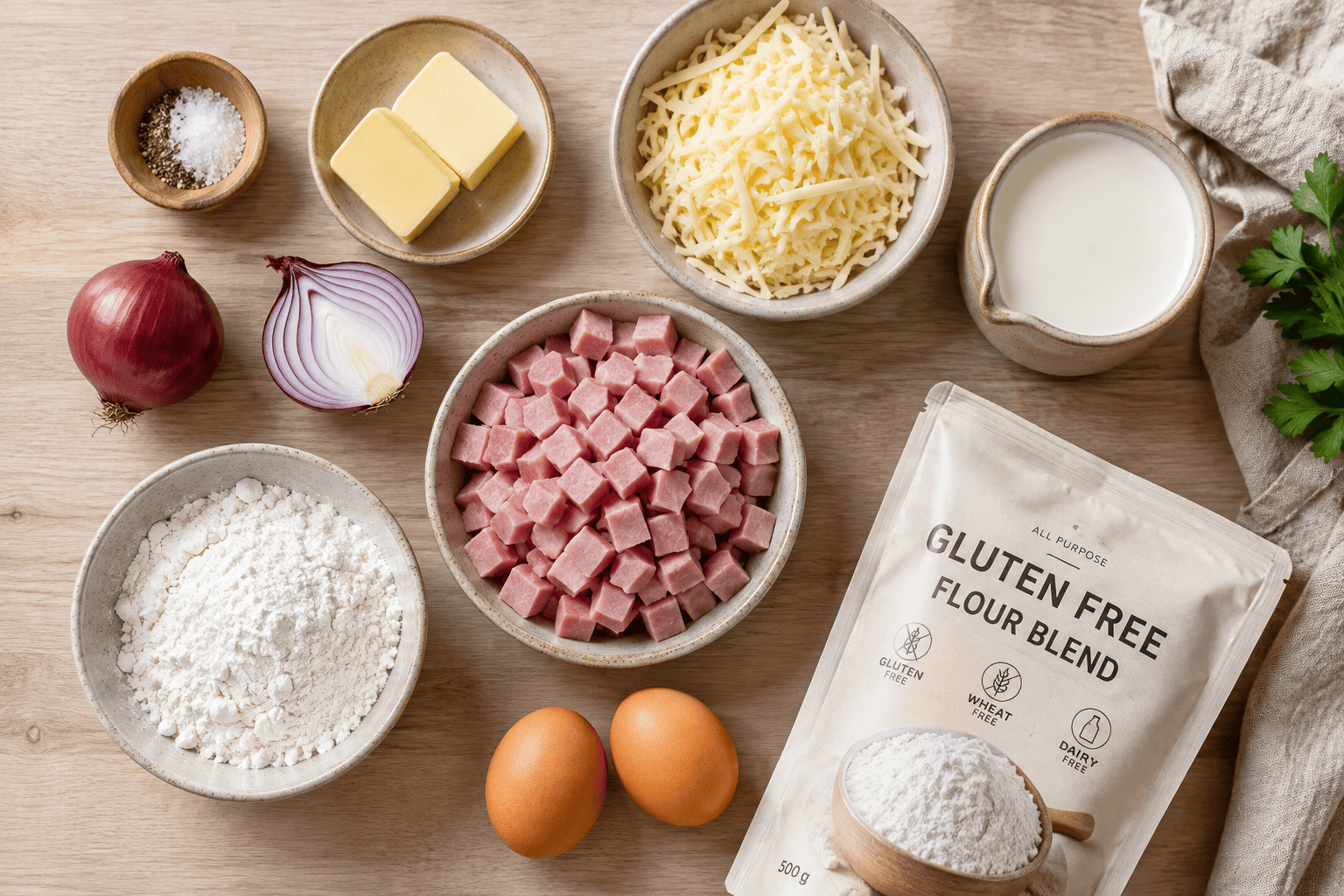 Parhaat suolaiset reseptit: Gluteeniton kinkkupiirakka Gluteenittoman kinkkupiirakan ainekset aseteltuna keittiön tasolle