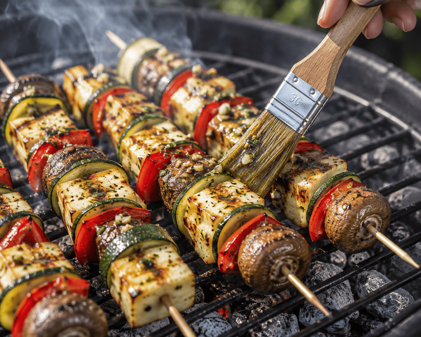 Kasvisruokaa grillissä: Grillatut halloumi-kasvisvartaat Mausteöljyllä valeltu kasvisruokaa grillissä: halloumi-kasvisvartaiden esivalmistelu