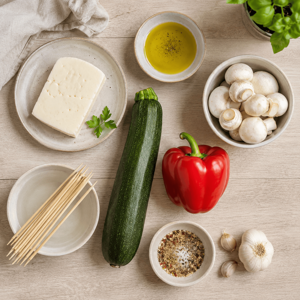 Kasvisruokaa grillissä: Grillatut halloumi-kasvisvartaat Halloumi-kasvisvartaiden raaka-aineet aseteltuna: paprika, halloumi, kesäkurpitsa, herkkusienet ja valkosipulimauste