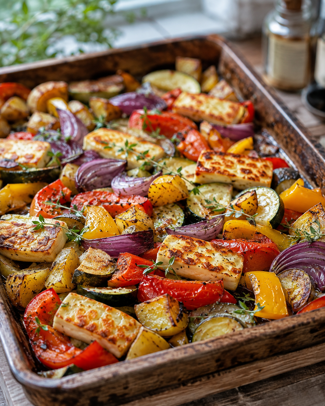 Helppo kasvisruoka uunissa: halloumi-kasvispelti värikkäillä paprikoilla, perunoilla ja ruskistuneella halloumi-juustolla