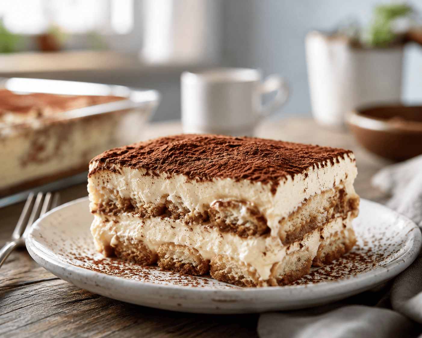 Tiramisu resepti - Näin loihdit aidon italialaisen herkun Klassinen tiramisu resepti, valmis annos siivilöidyllä kaakaojauheella tarjoiluvadilla