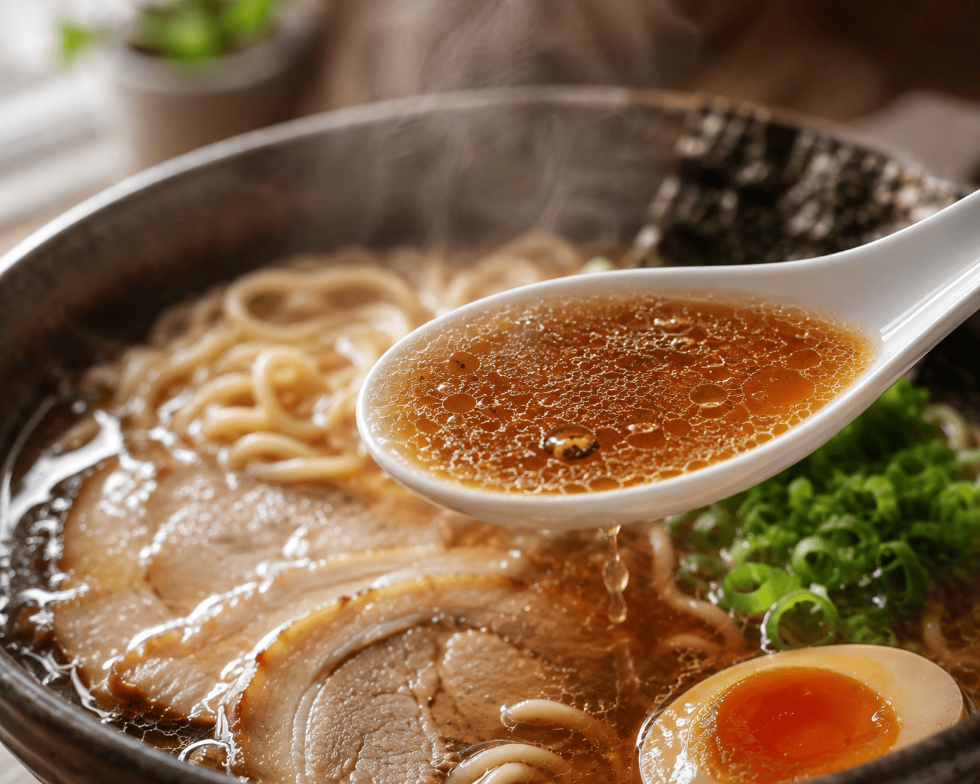 Ramen-resepti kotikeittiöön: Näin onnistut täydellisesti Lähellä otettu kuva täyteläisestä ramen-liemestä ja itsetehdystä aromiöljystä