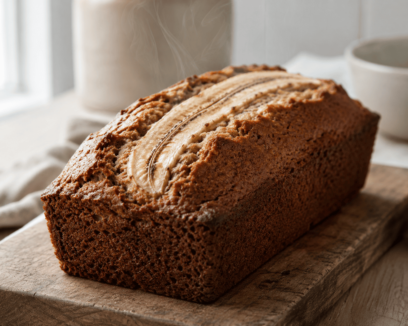 Mehevä banana bread vastaleivottuna uunipellillä, pinnalla halkaistu banaani