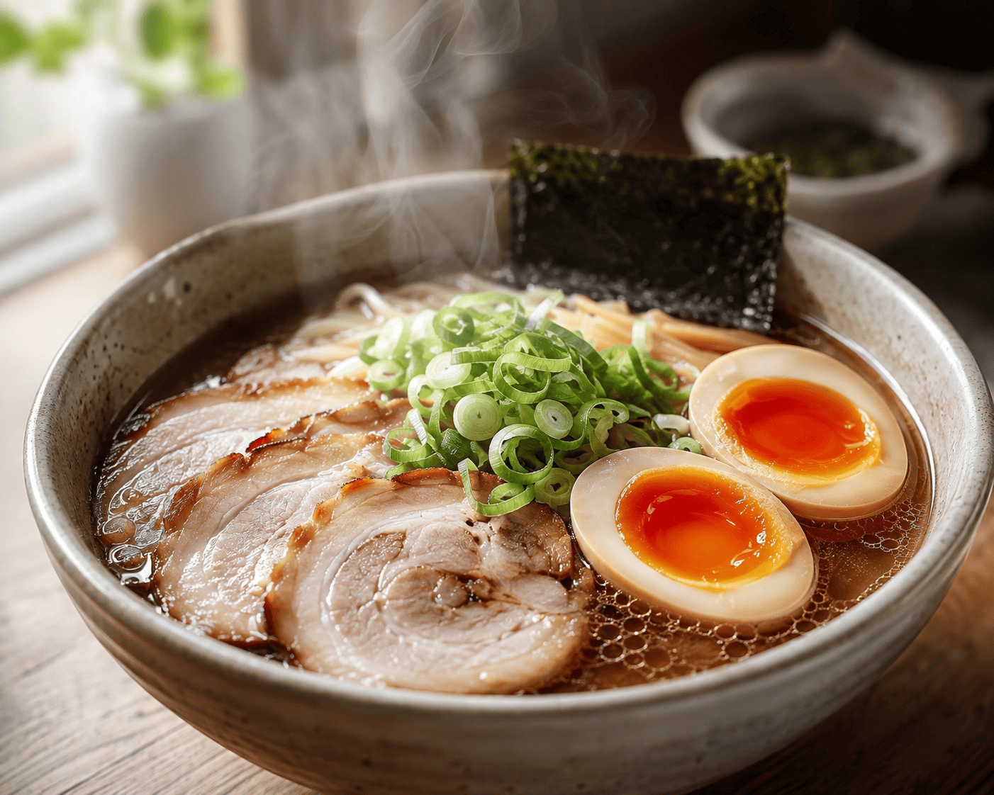 Ramen-resepti kotikeittiöön: Näin onnistut täydellisesti Perinteinen ramen-keitto porsaanlihalla, ajitsuke-kananmunalla ja tuoreella kevätsipulilla
