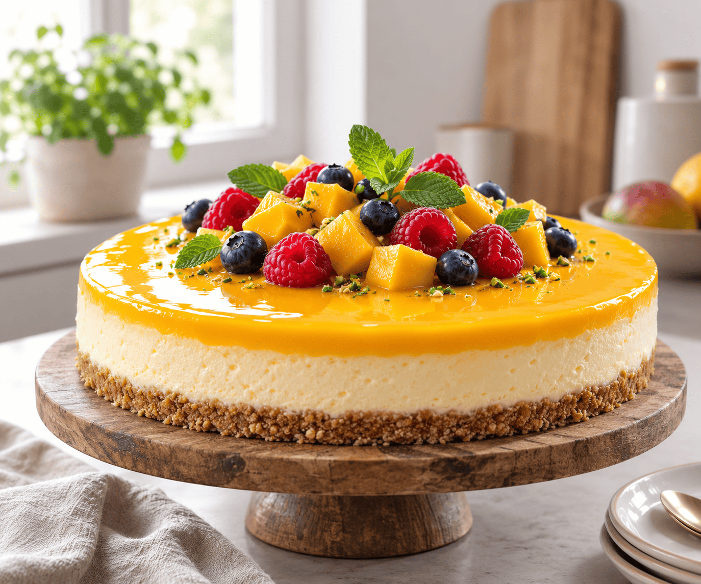 Mango juustokakku: Resepti, jolla onnistut joka kerta Raikas ja värikäs mango juustokakku tarjoiluvadilla, koristeltu tuoreilla marjoilla ja mintunlehdillä