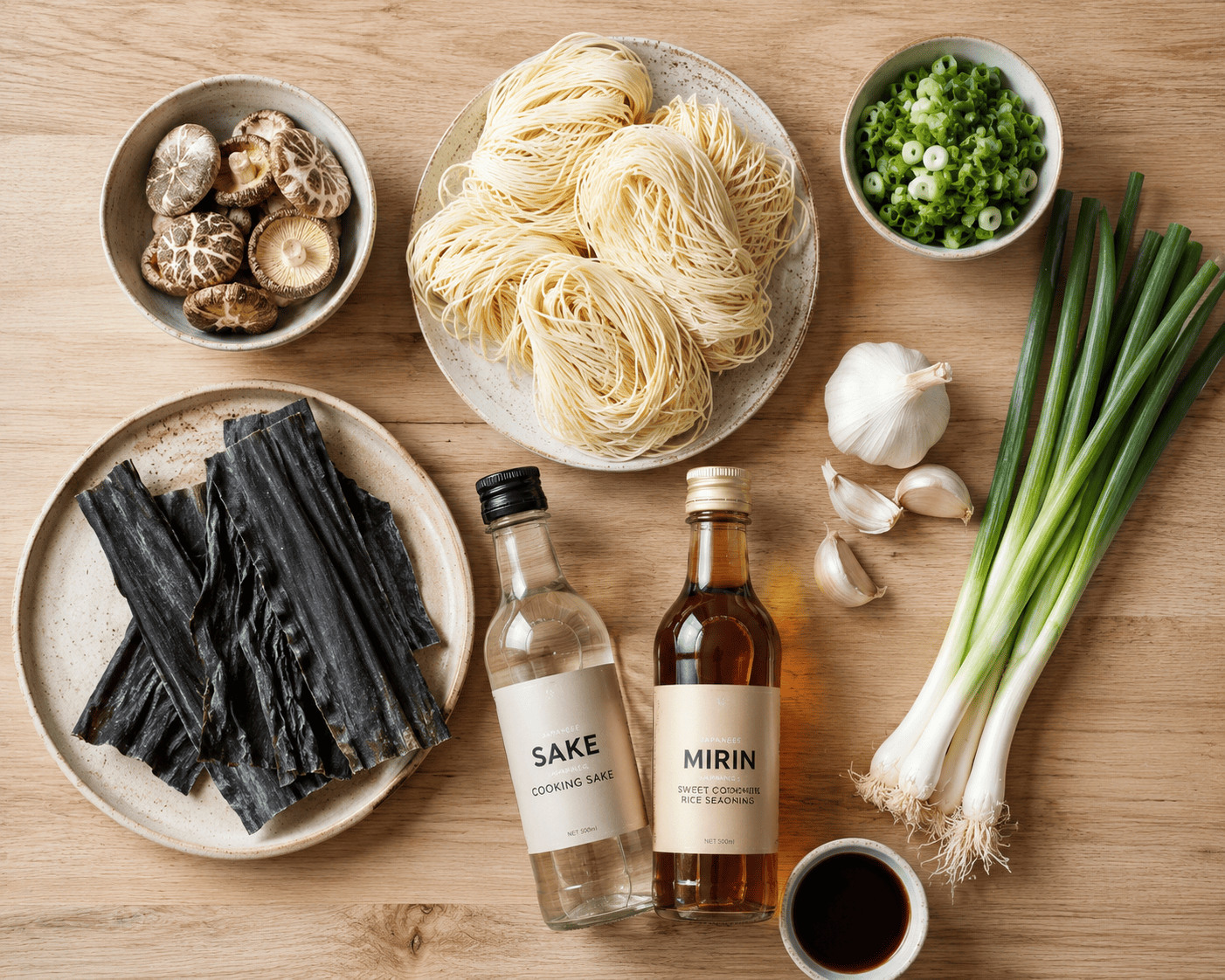 Ramen-resepti kotikeittiöön: Näin onnistut täydellisesti Ramen-keiton ainekset: kombu-merilevää, kuivattuja shiitake-sieniä ja tuoreita nuudeleita