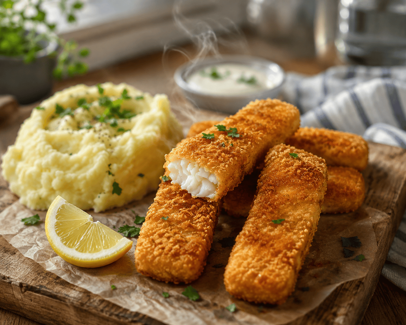 Rapeat kalapuikot airfryer tarjoiltuna perunamuusin ja sitruunan kanssa