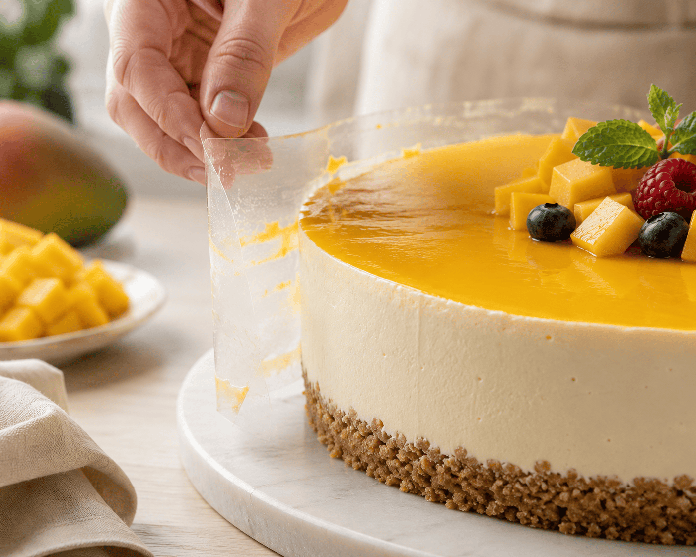 Mango juustokakku: Resepti, jolla onnistut joka kerta Sileäreunainen mango juustokakku reunakalvon poiston jälkeen