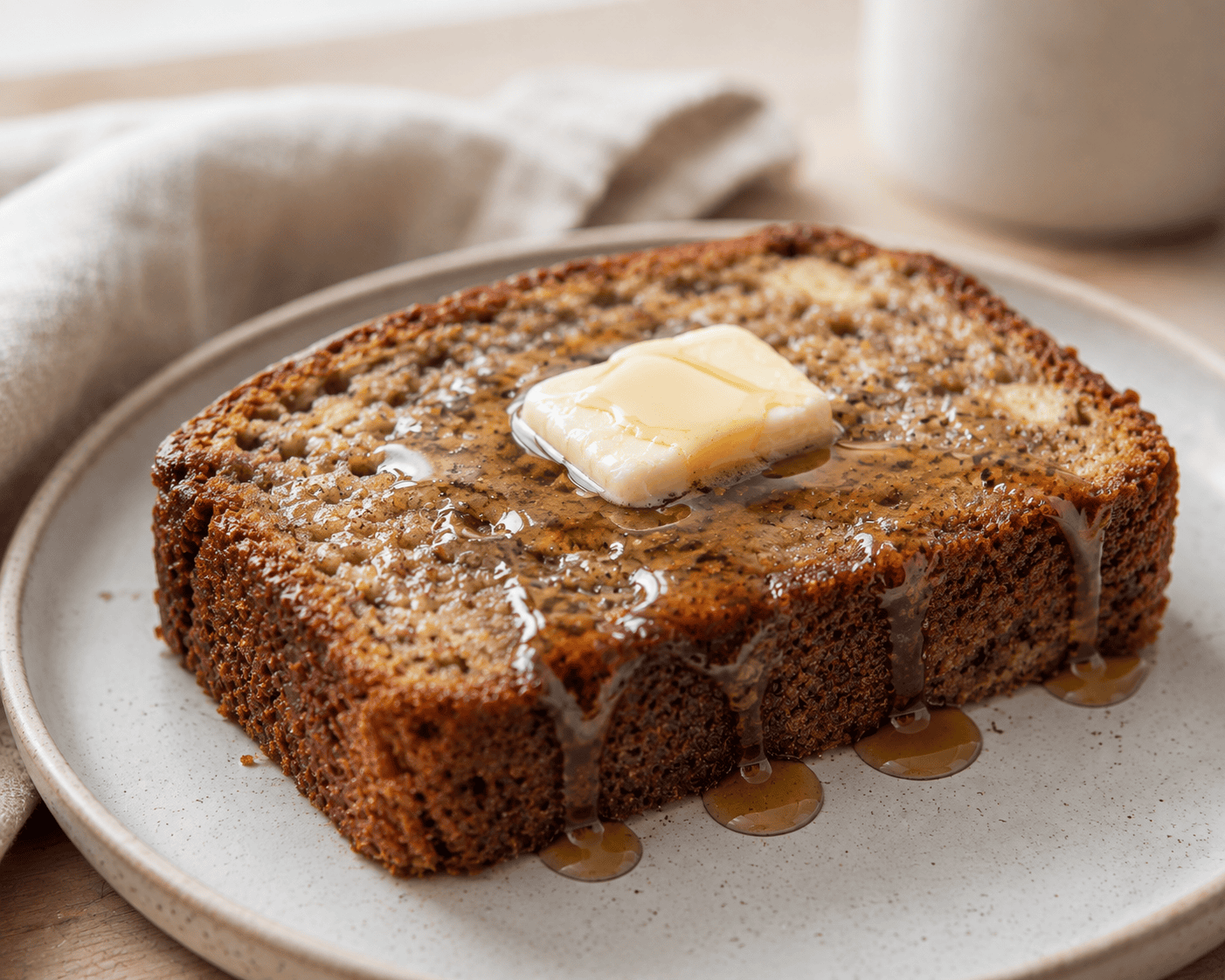 Tarjoiluehdotus banana bread viipale voilla ja vaahterasiirapilla