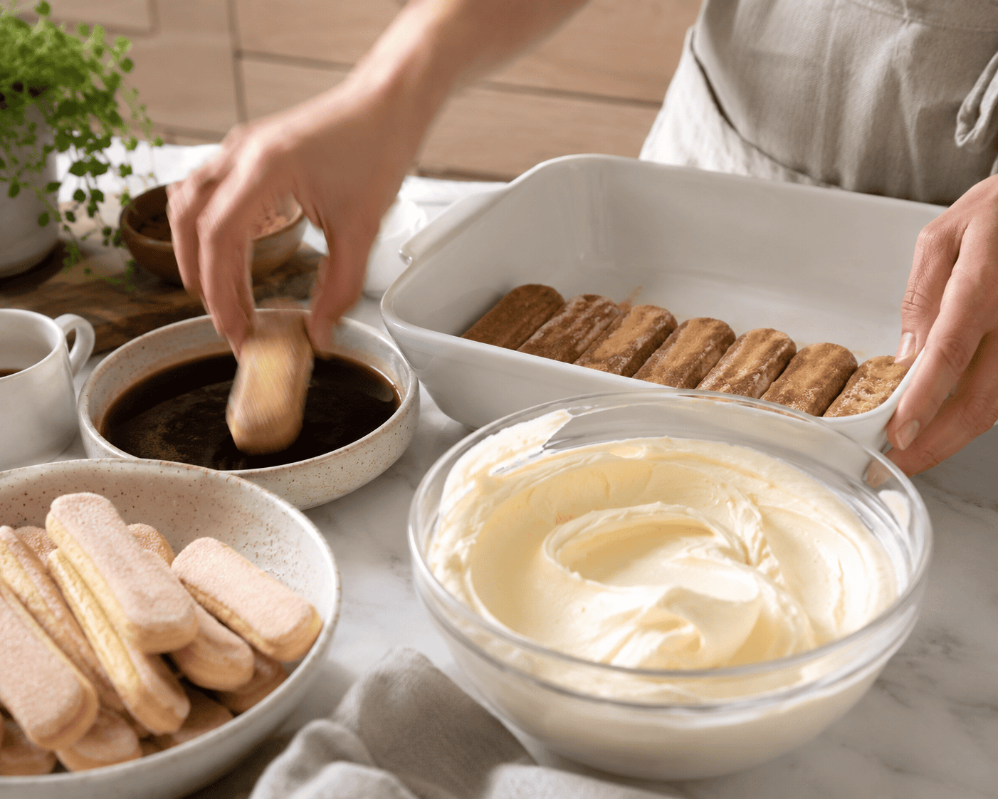 Tiramisu resepti - Näin loihdit aidon italialaisen herkun Tiramisu resepti vaihe vaiheelta: keksien kostuttaminen ja kerrostaminen