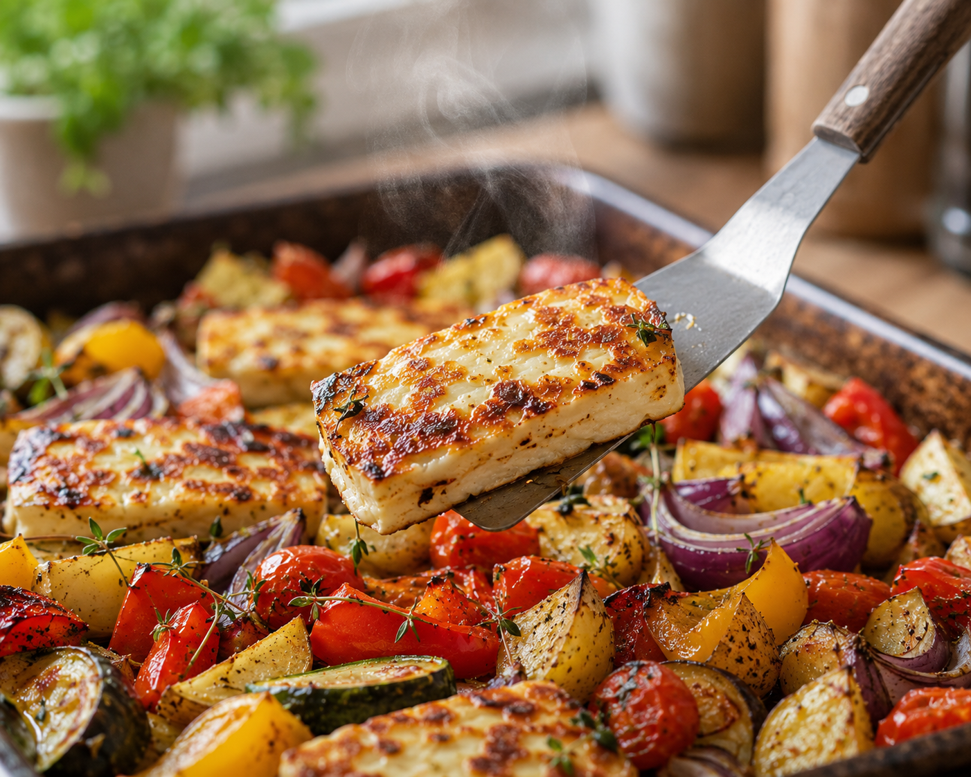 Valikoima erilaisia helppoja kasvisruokia uunissa: lasagne, gratiini ja uunipelti vierekkäin