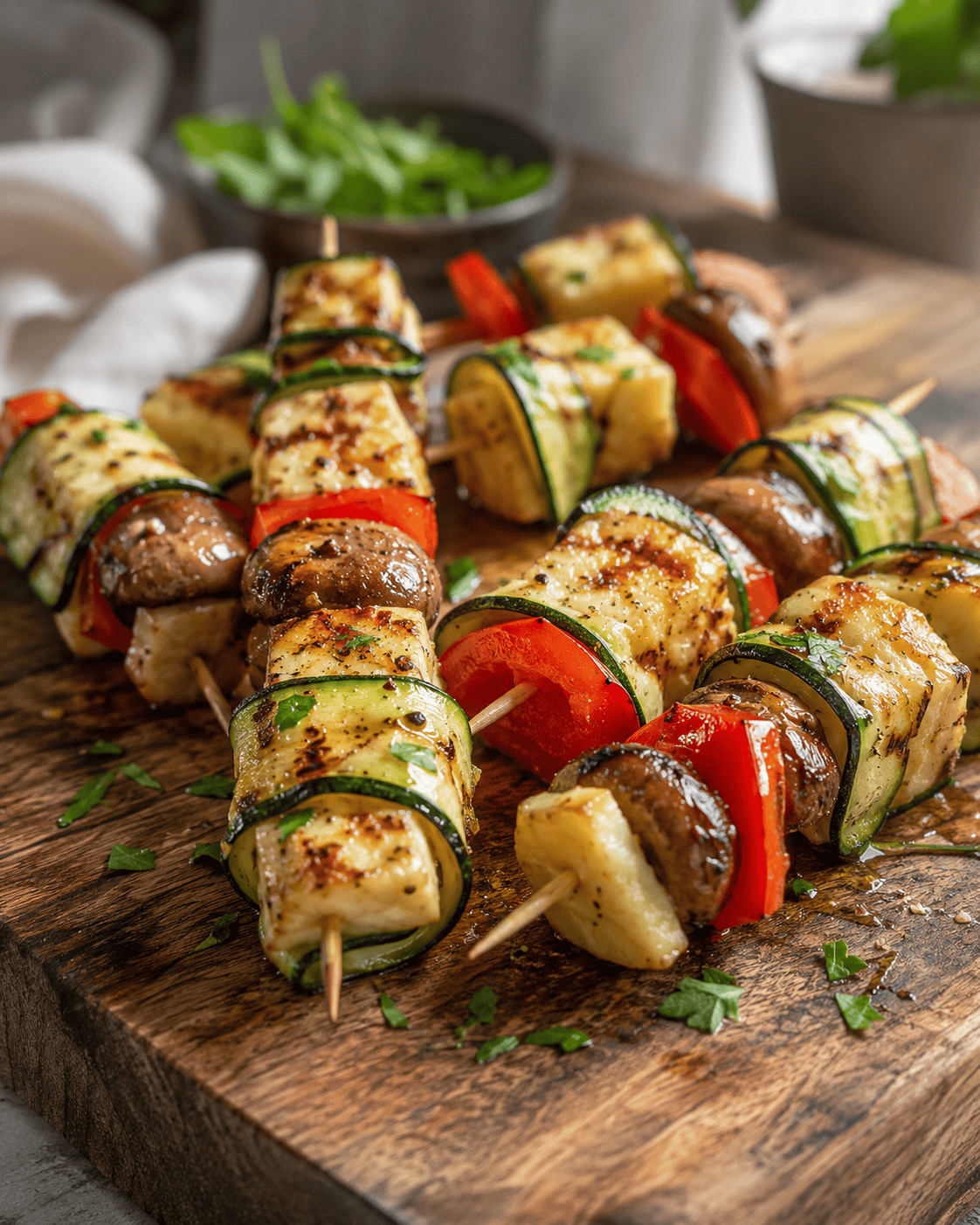 Kasvisruokaa grillissä: Grillatut halloumi-kasvisvartaat Värikästä ja täyteläistä kasvisruokaa grillissä: halloumi-kasvisvartaat valkosipuliöljyllä